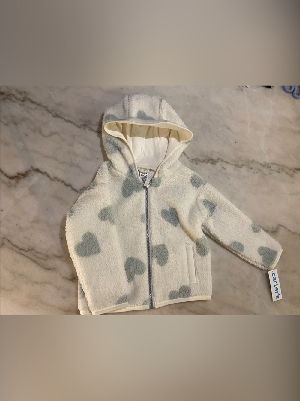 Carter's Cream Hooded Jacket with Gray Heart Print